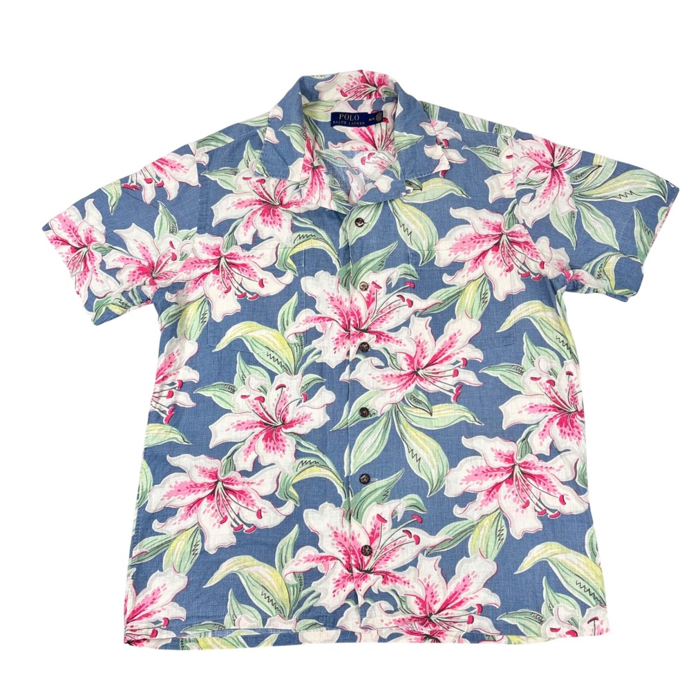 Polo Ralph Lauren Camp Shirt Button Up Linen Floral‎ Tropical Hawaiian Resort M